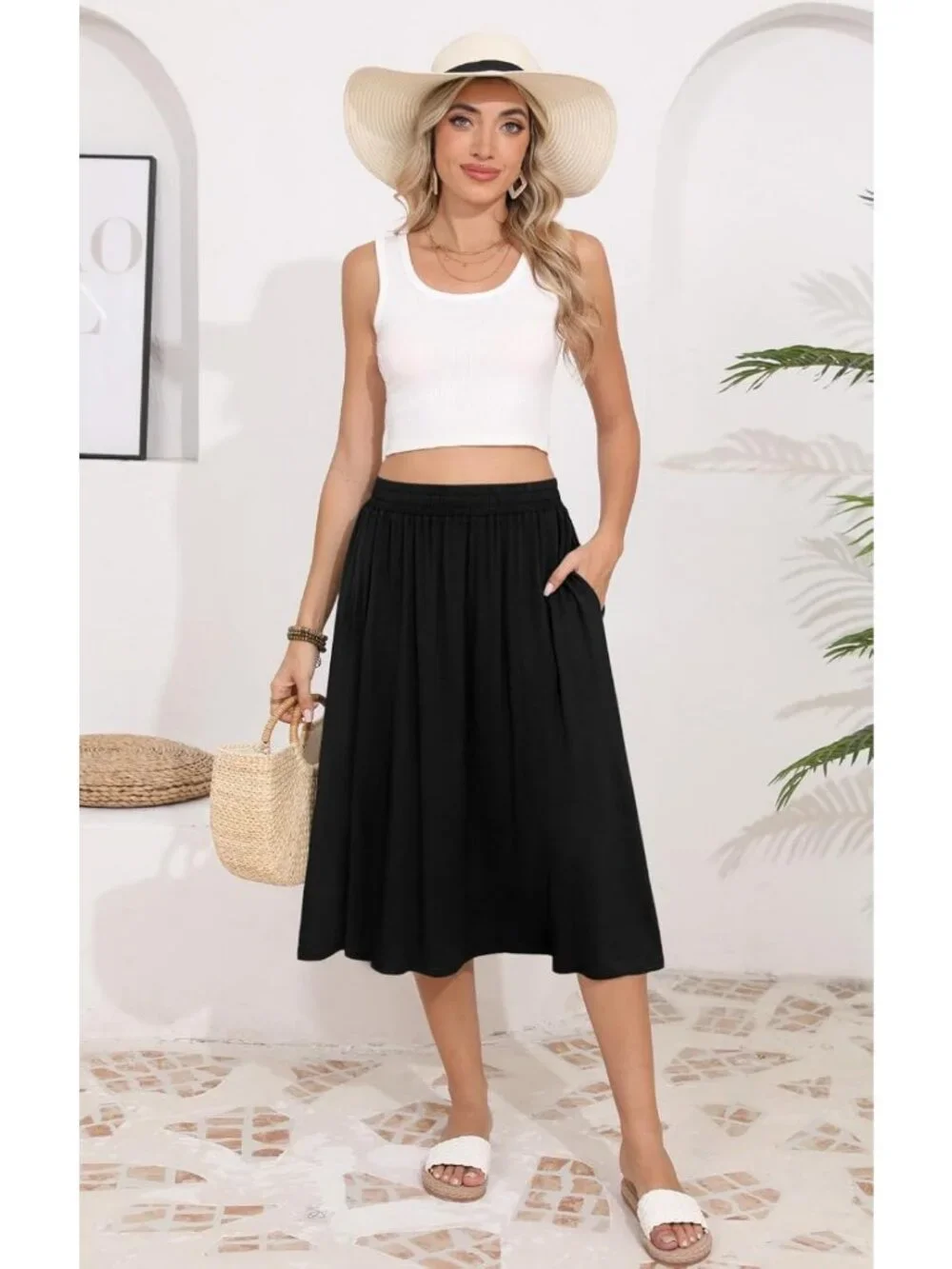 Flowy High Waisted Midi Skirt for Women - Casual Pleated Summer Skirt with